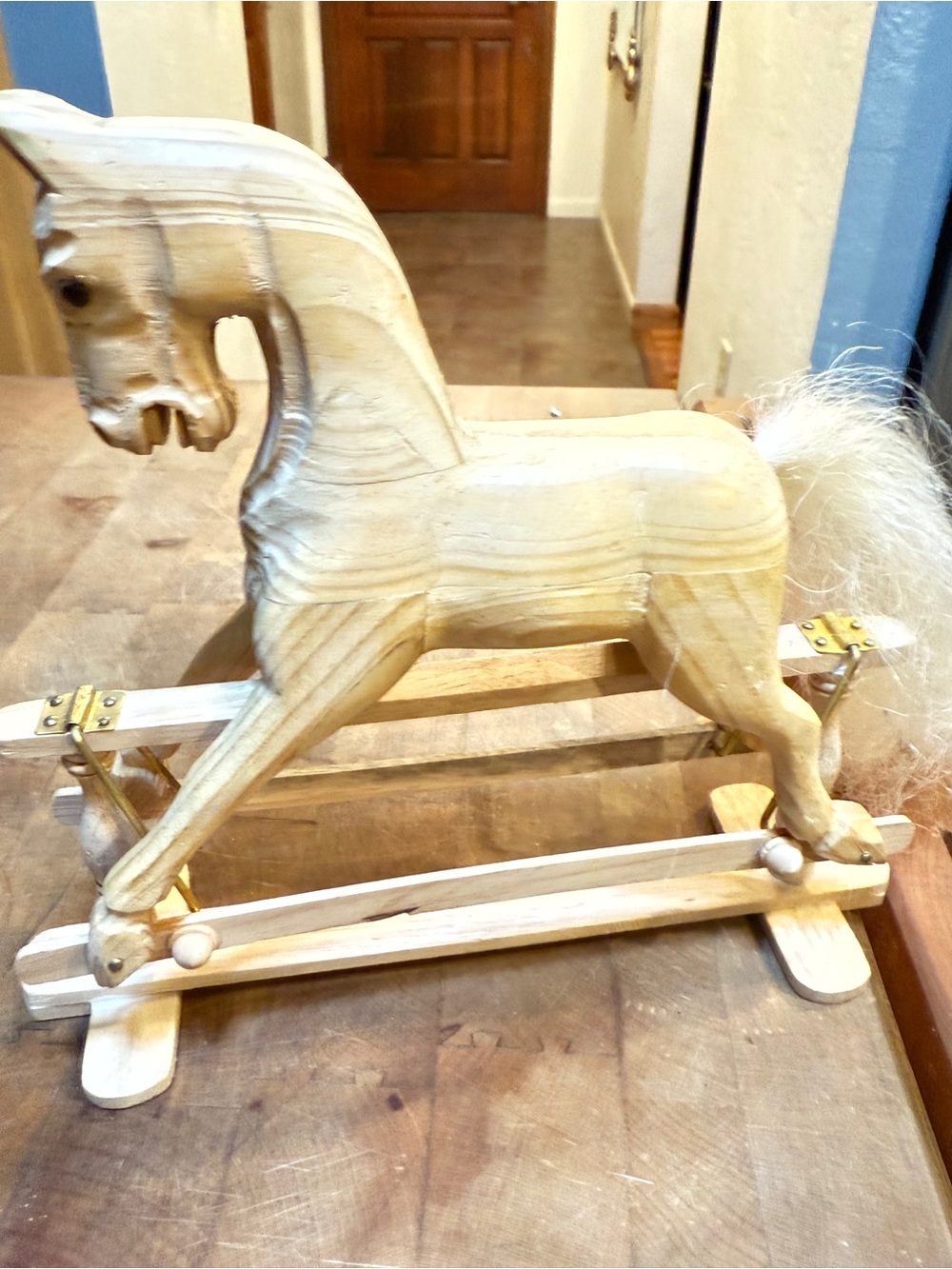 Vintage Handmade Wooden Rocking Horse Hair Tail Natural Carved Wood Glider